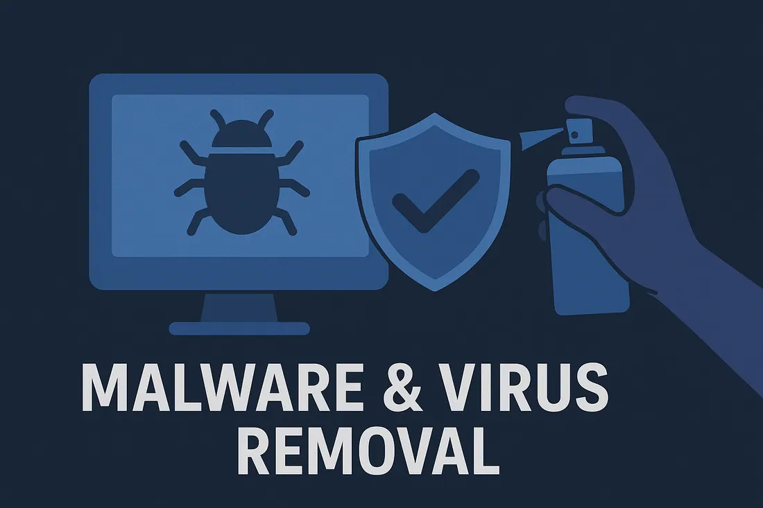Illustration: Bildschirm mit Käfer-Symbol, Schutzschild mit Haken und Sprühdose – Malware & Virus Removal